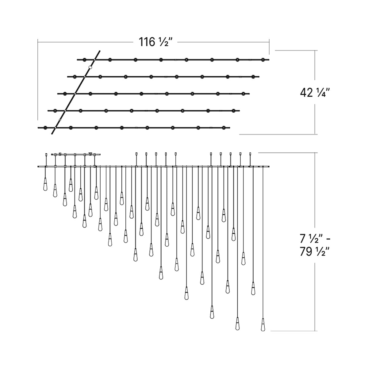 Suspenders® Parallels Etched Teardrop LED Chandelier - line drawing.