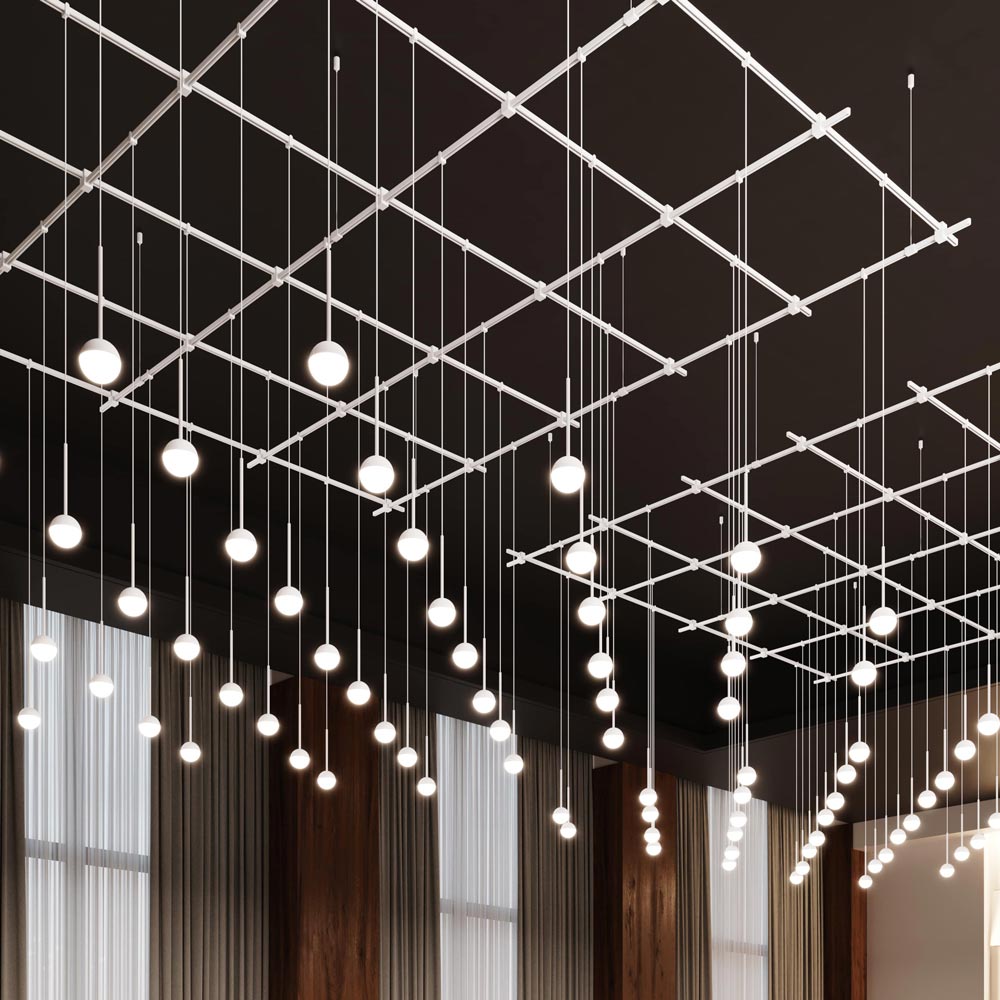 Suspenders® Square Gridscape Monoline Domed Ball LED Chandelier in Detail.