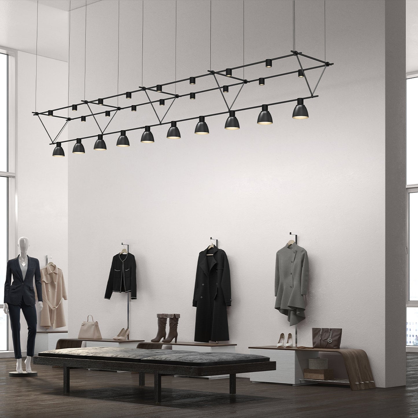 Suspenders® Triangle Truss Linear LED Suspension Light in room.