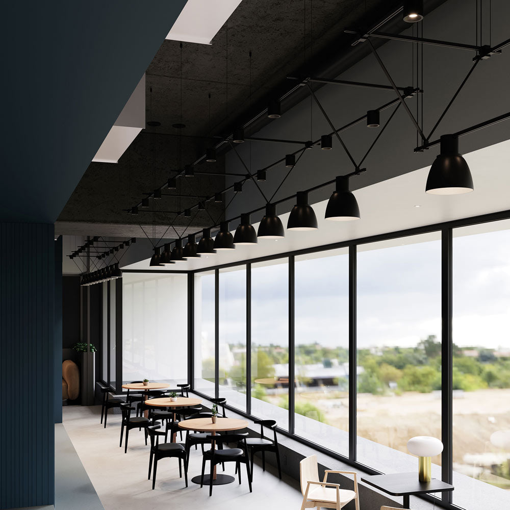 Suspenders® Triangle Truss Linear LED Suspension Light in restaurant.