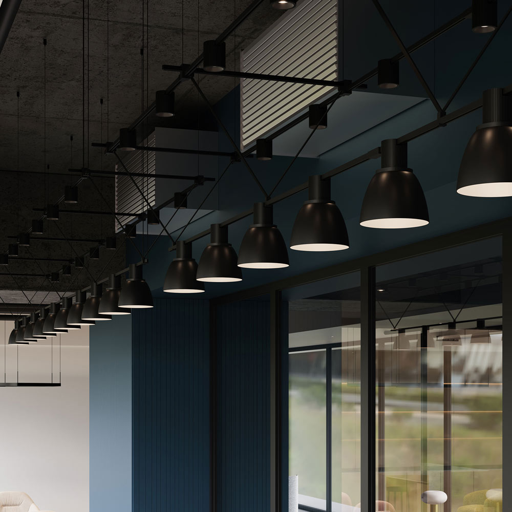 Suspenders® Triangle Truss Linear LED Suspension Light in restaurant.