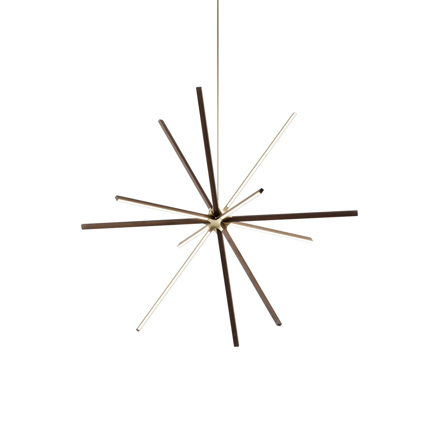 Boom Big LED Chandelier in American Walnut/Brushed Brass.