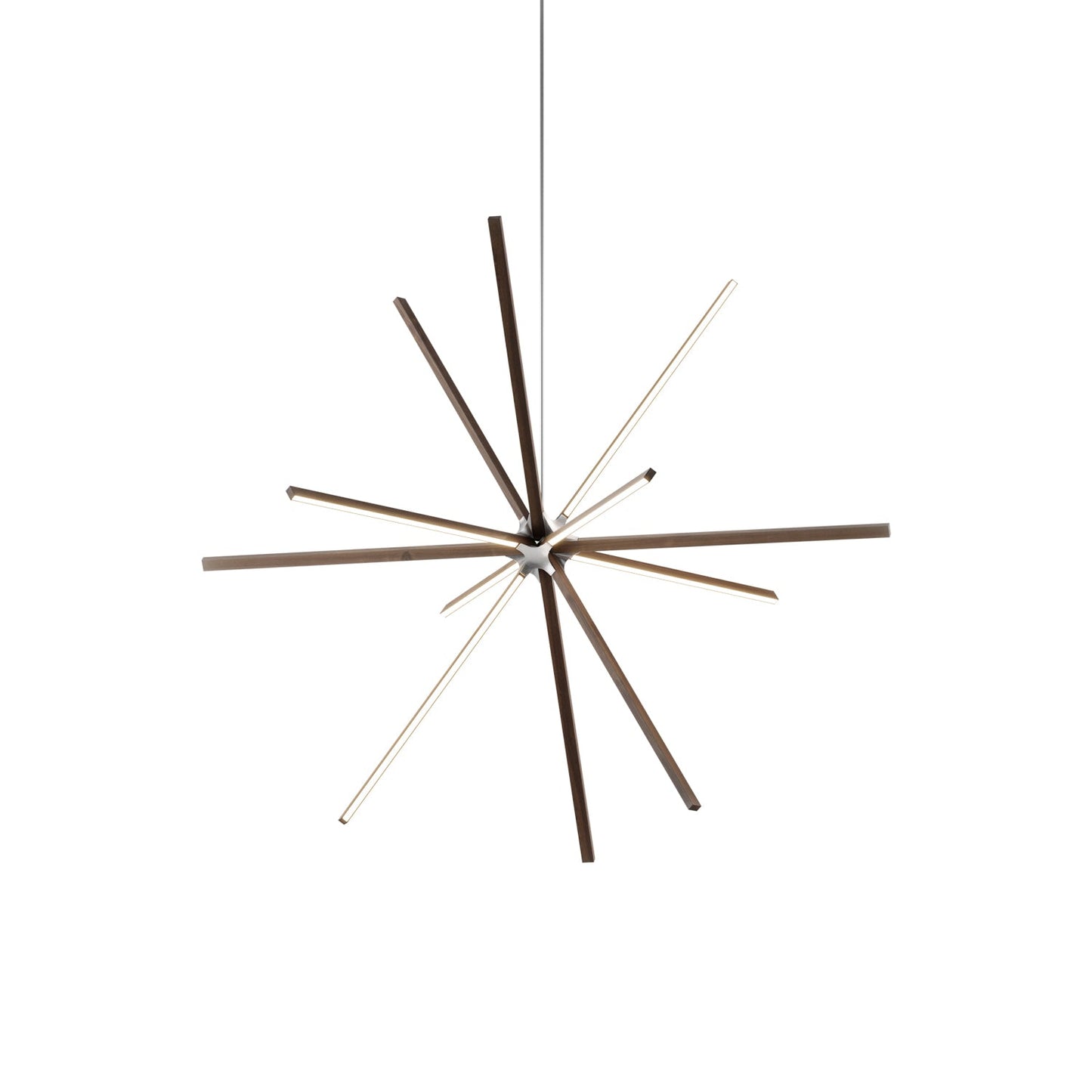 Boom Big LED Chandelier in American Walnut/Brushed Nickel.