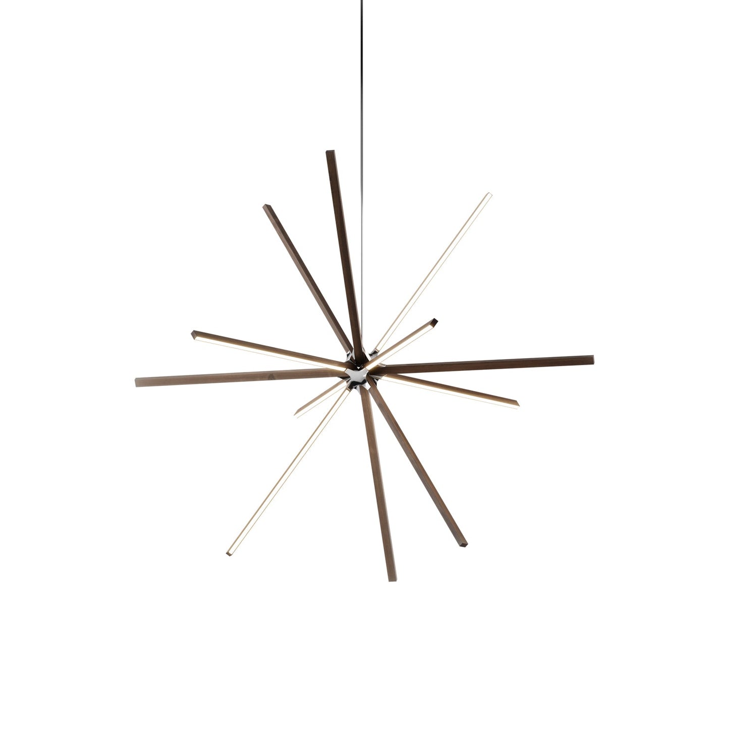 Boom Big LED Chandelier in American Walnut/Polished Nickel.