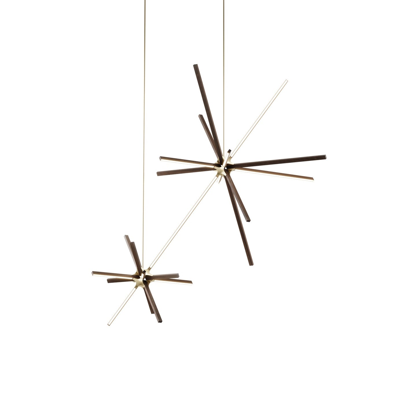 Boom Double LED Chandelier in American Walnut/Brushed Brass.
