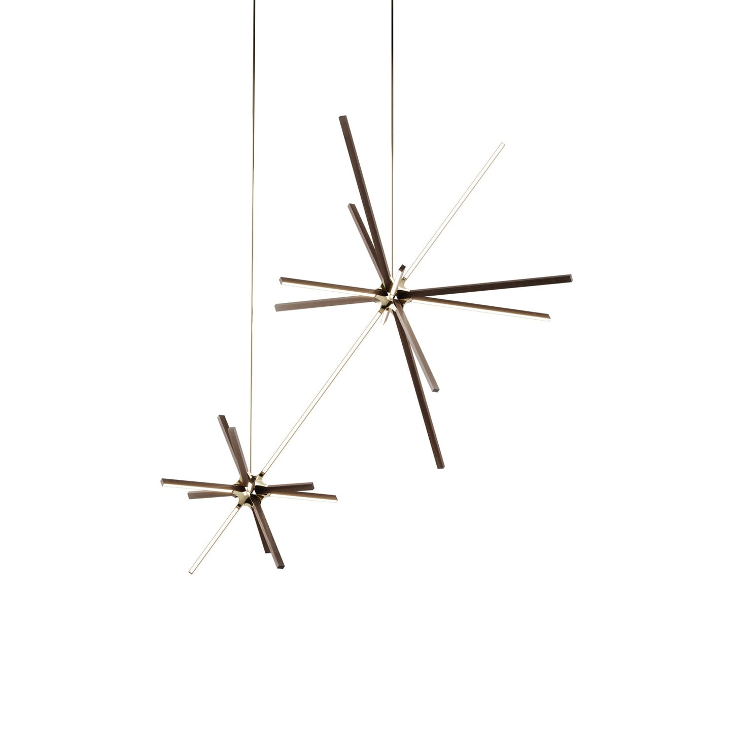 Boom Double LED Chandelier in American Walnut/Polished Brass.