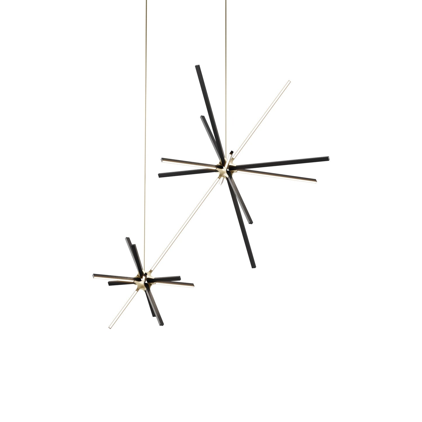 Boom Double LED Chandelier in Ebonized Oak/Brushed Brass.