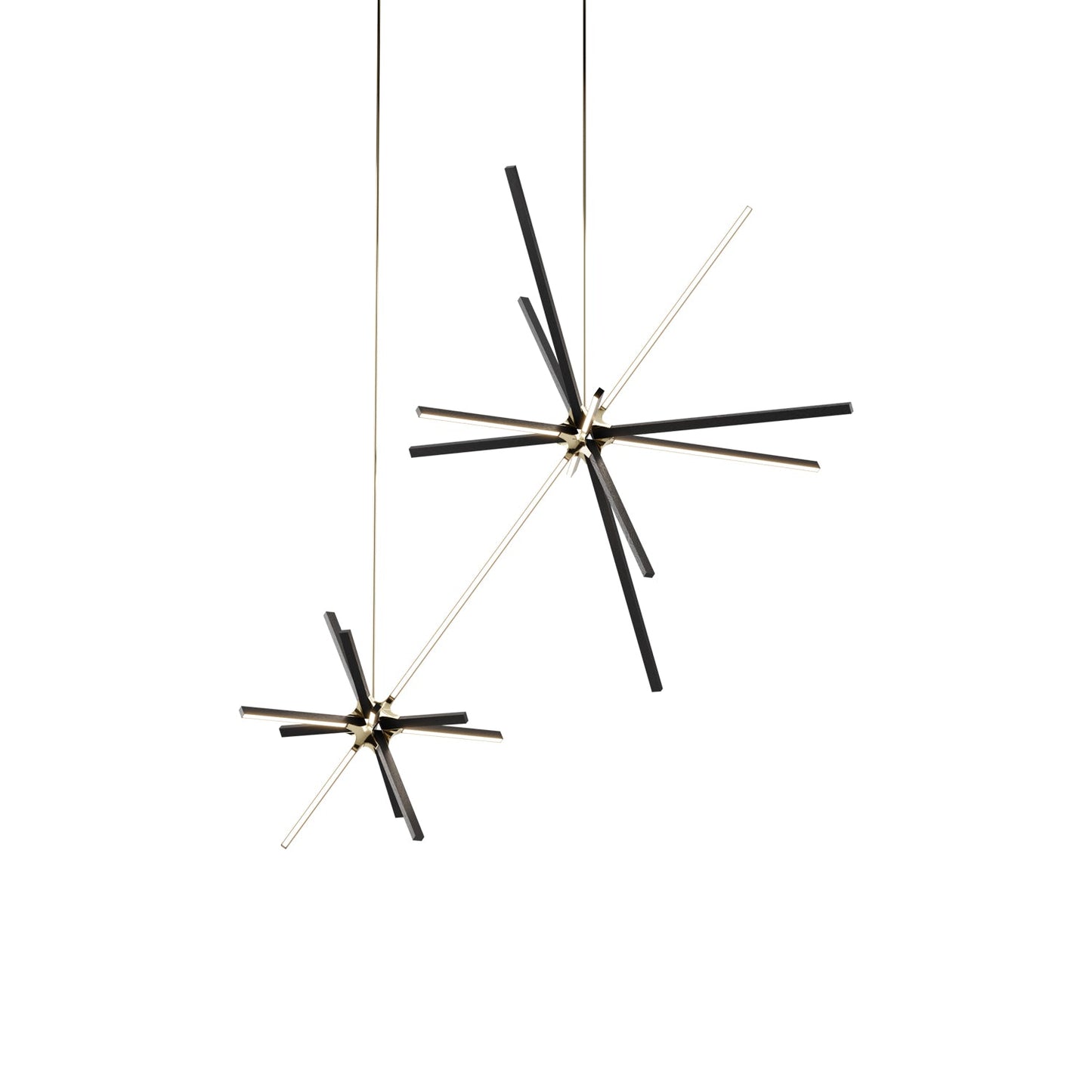 Boom Double LED Chandelier in Ebonized Oak/Polished Brass.