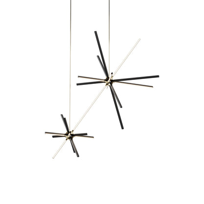 Boom Double LED Chandelier in Ebonized Oak/Polished Brass.
