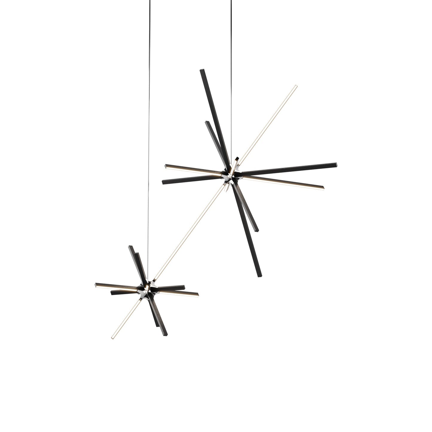 Boom Double LED Chandelier in Ebonized Oak/Polished Nickel.