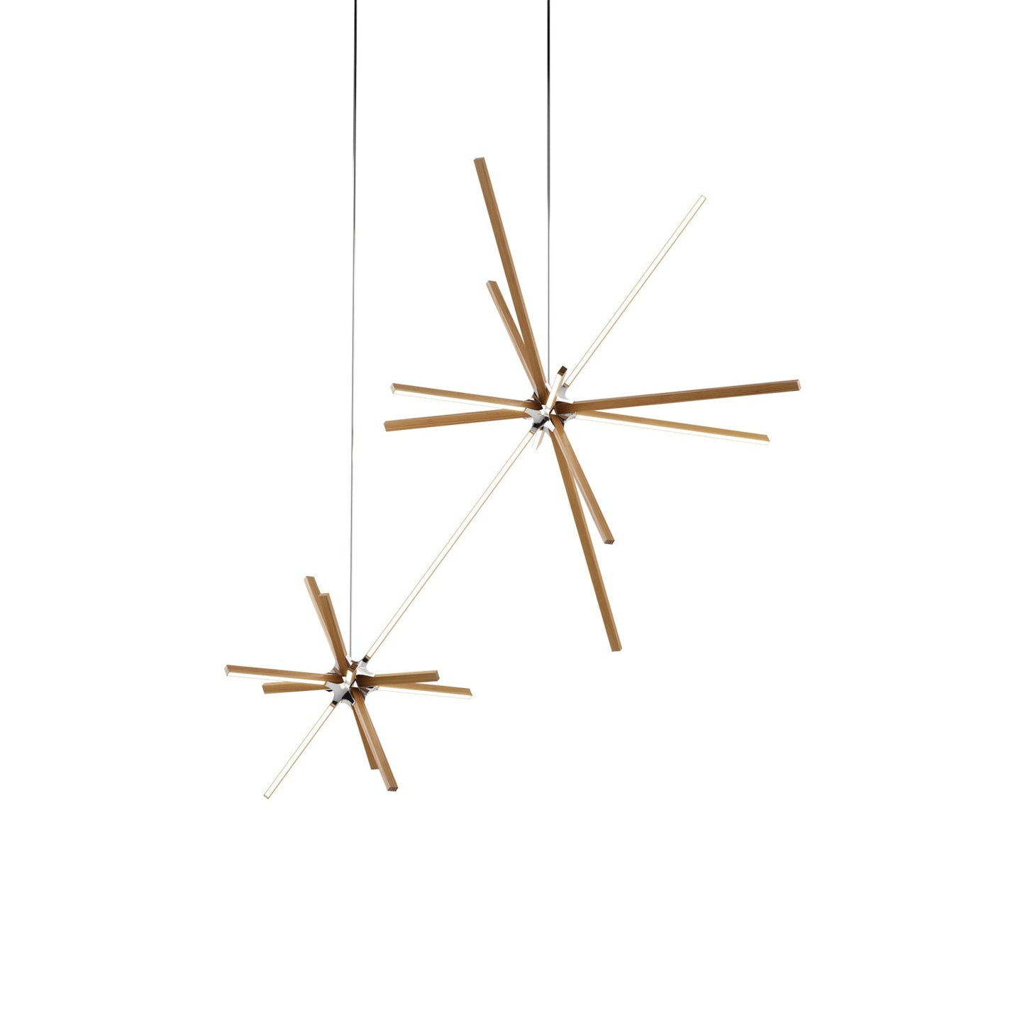 Boom Double LED Chandelier in Heart Pine (Reclaimed)/Polished Nickel.