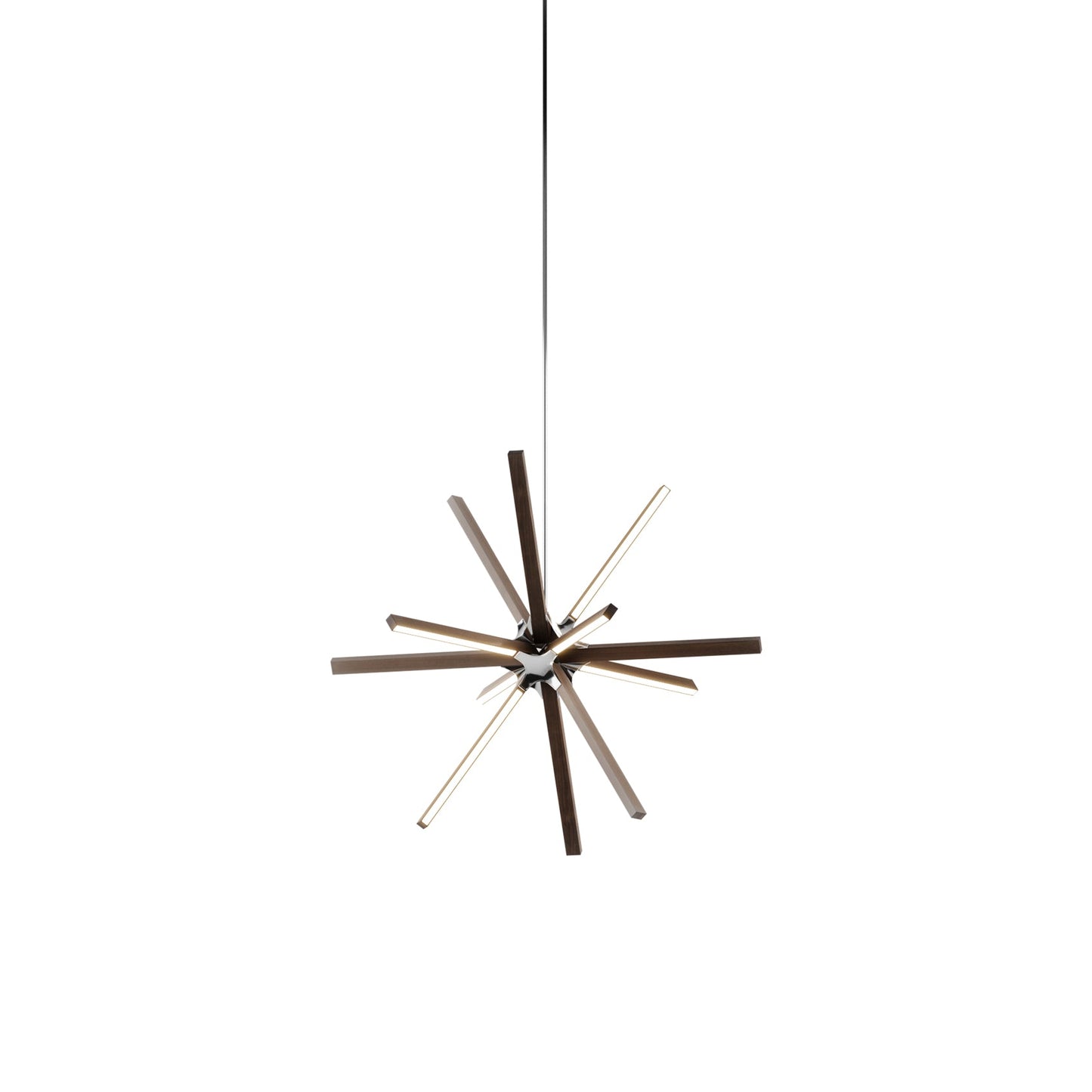 Boom Little LED Chandelier in American Walnut/Polished Nickel.