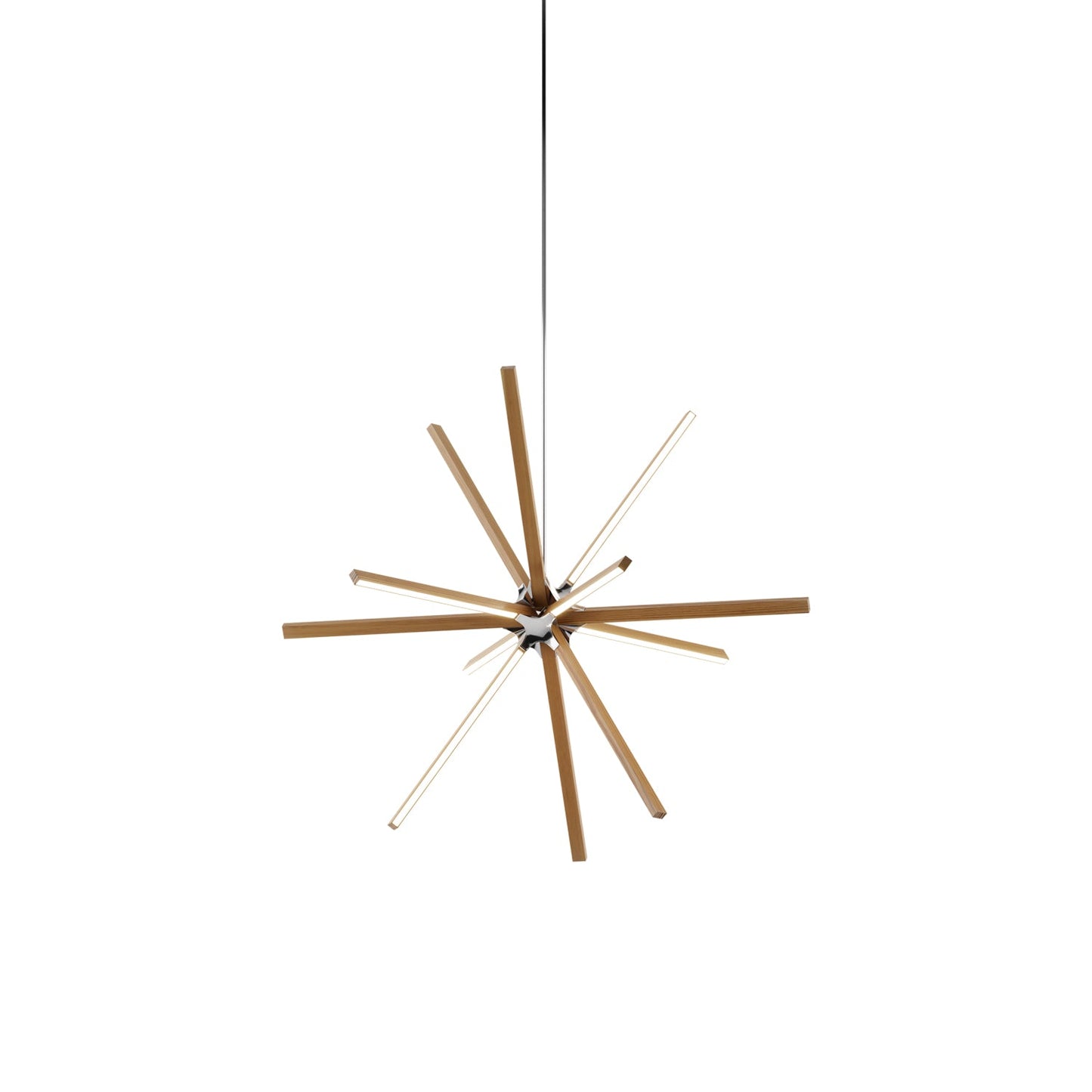 Boom Middle LED Chandelier in Heart Pine (Reclaimed)/Polished Nickel.