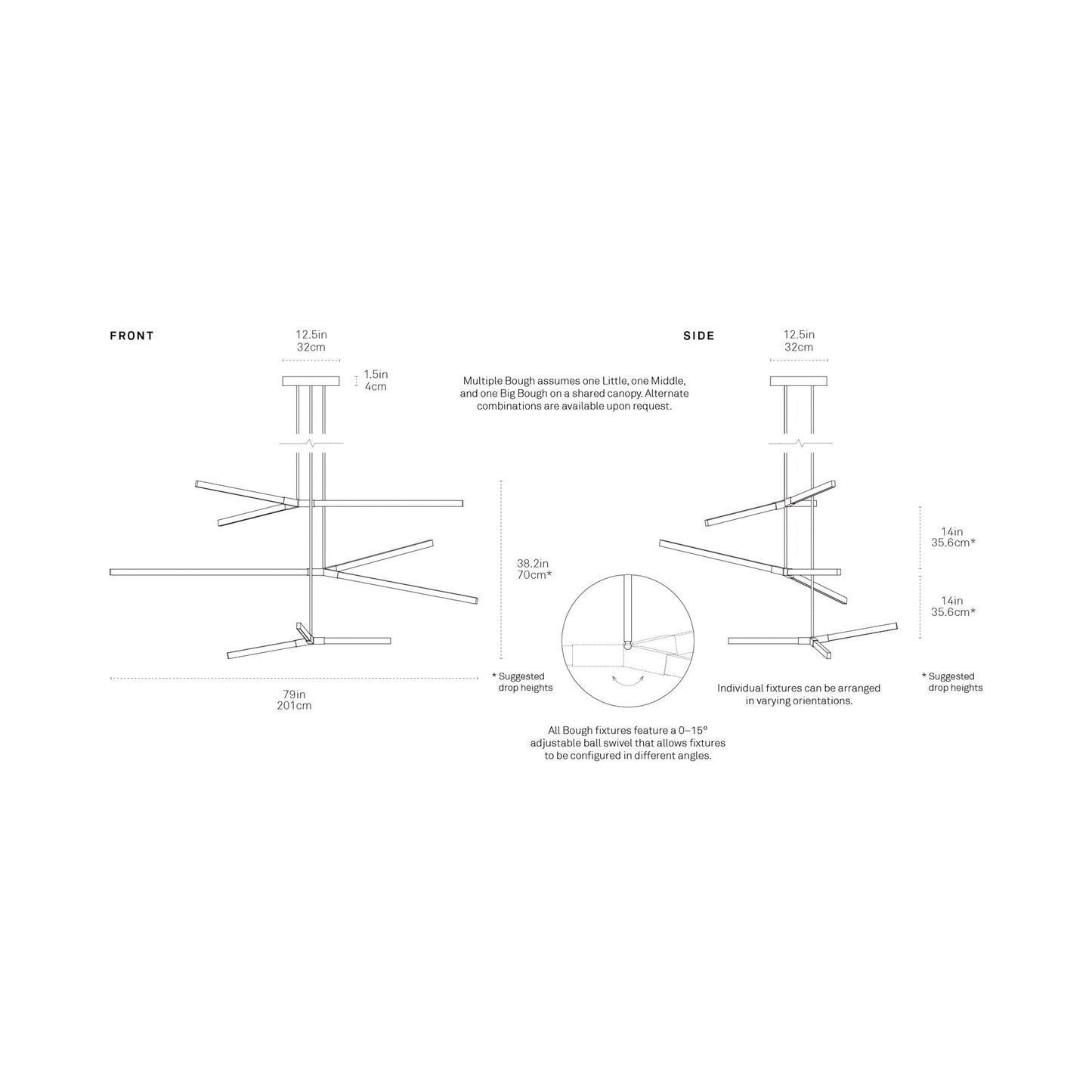 Bough Multi Light LED Chandelier - line drawing.