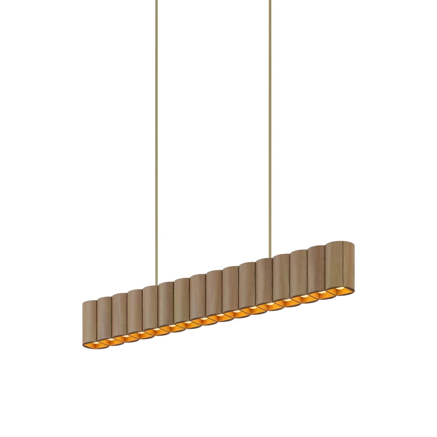 Colonnade Linear Chandelier in Clear White Oak/Brushed Brass/Metal Stem and Shared Canopy (16-Light).