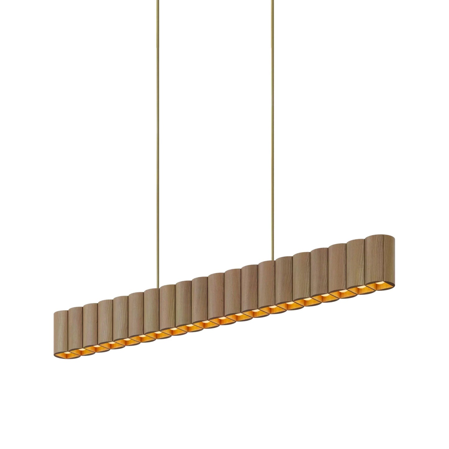 Colonnade Linear Chandelier in Clear White Oak/Brushed Brass/Metal Stem and Shared Canopy (20-Light).