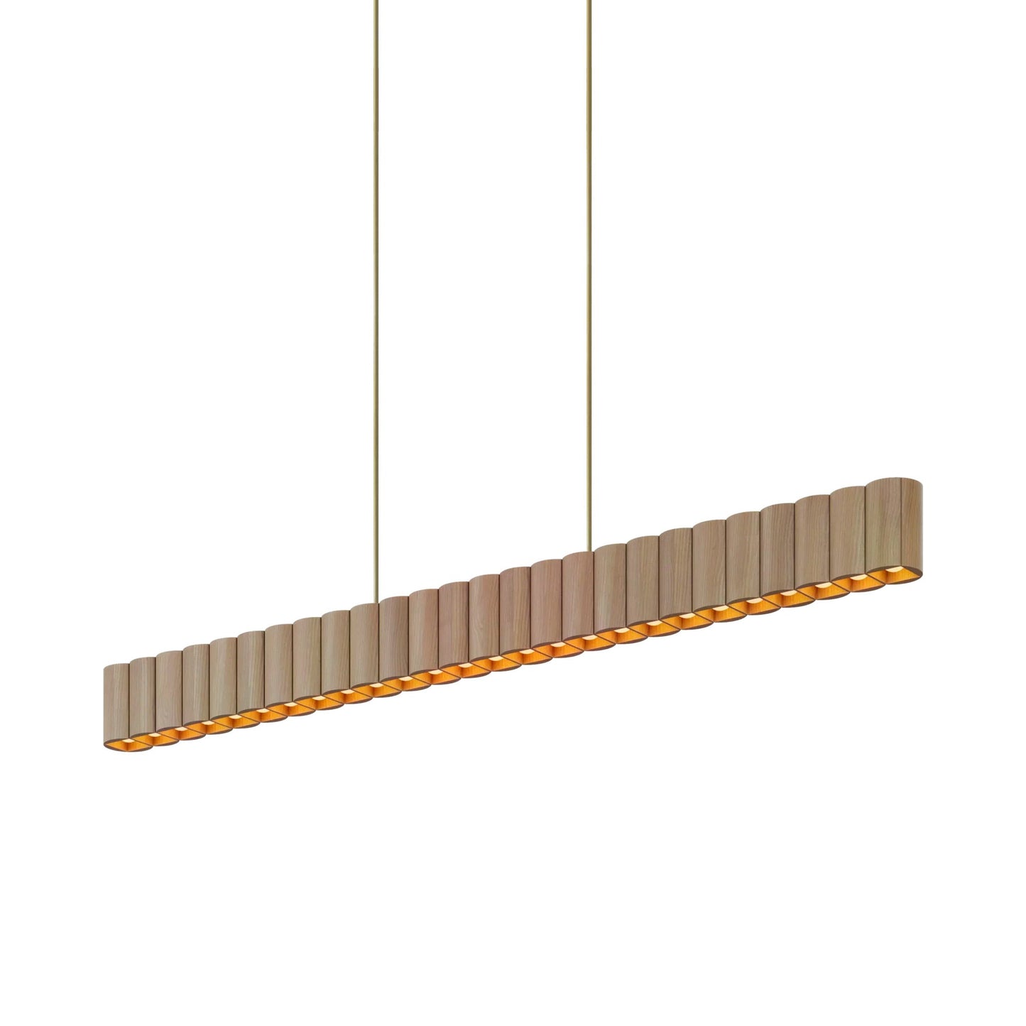 Colonnade Linear Chandelier in Clear White Oak/Brushed Brass/Metal Stem and Shared Canopy (26-Light).