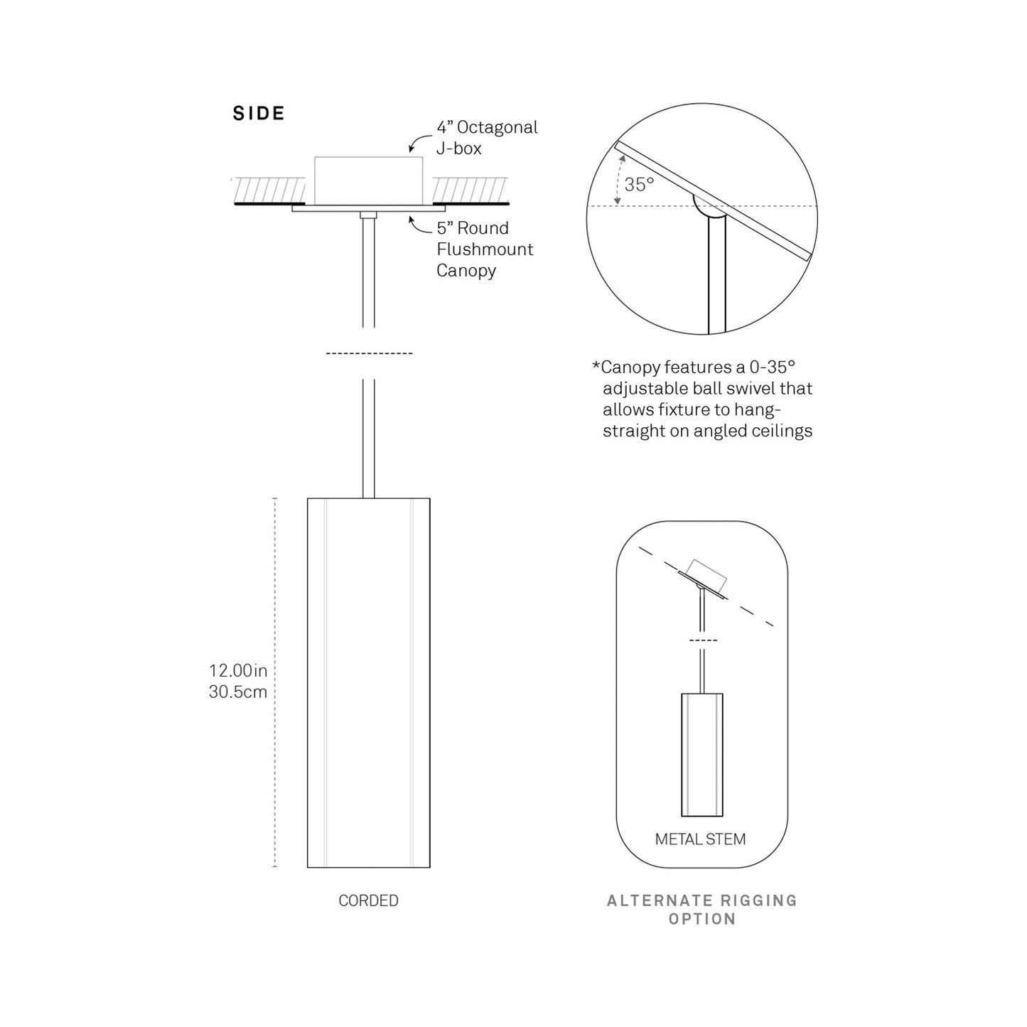 Pillar 12-Inch Pendant Light - line drawing.
