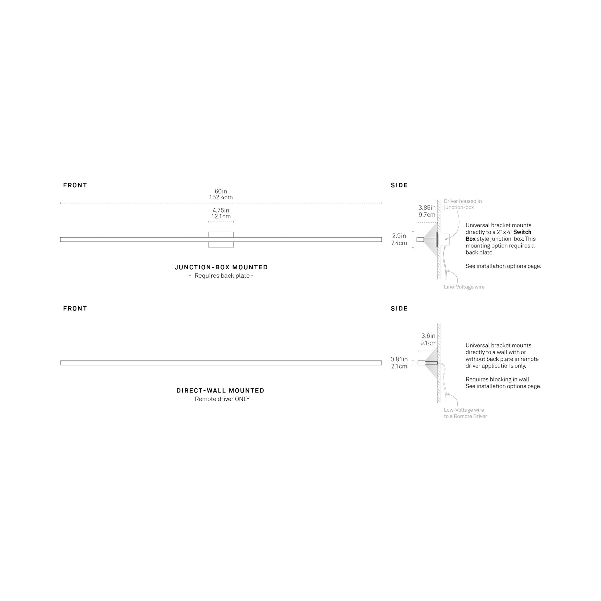Ray 5ft LED Wall Light - line drawing.