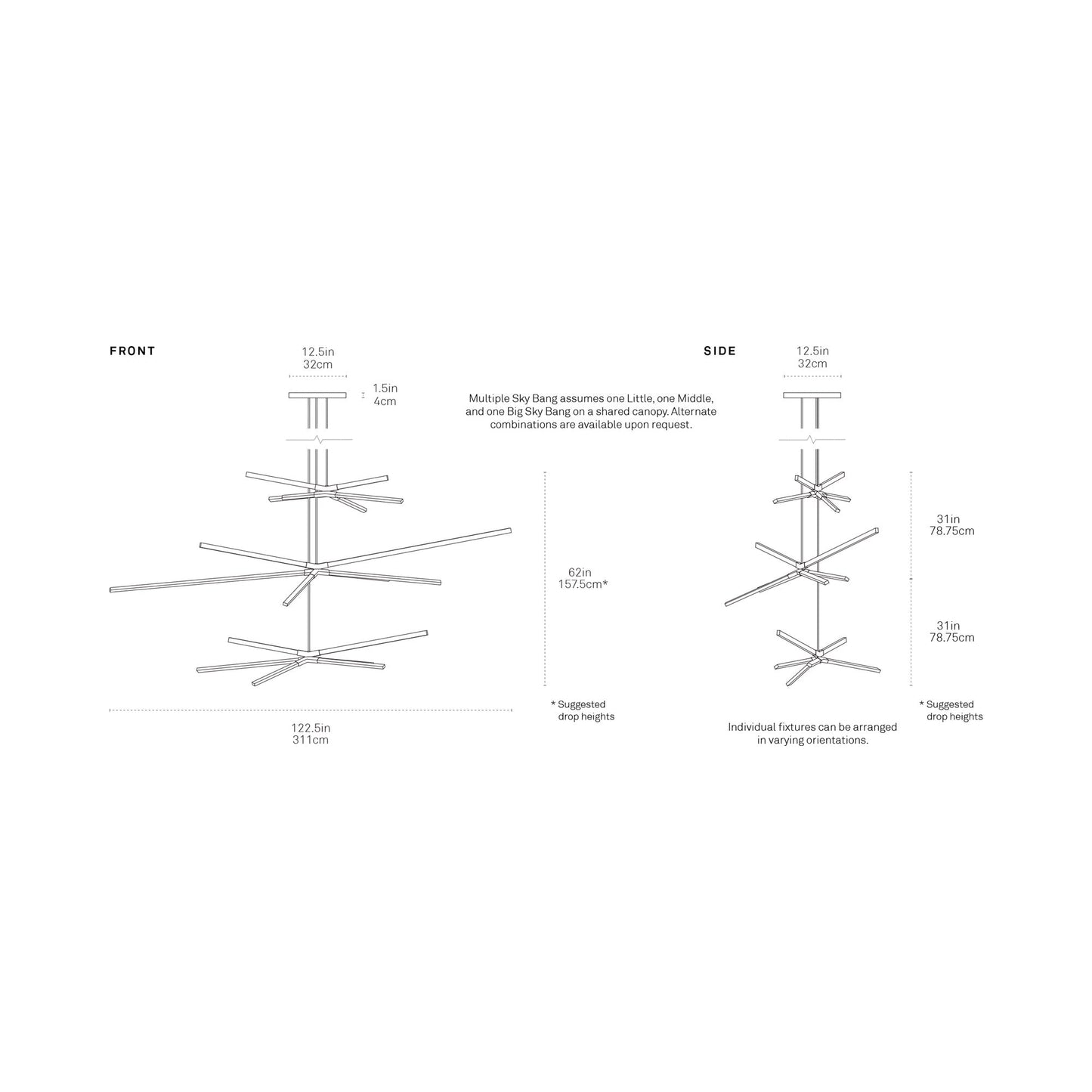 Skybang Multi Light LED Chandelier - line drawing.