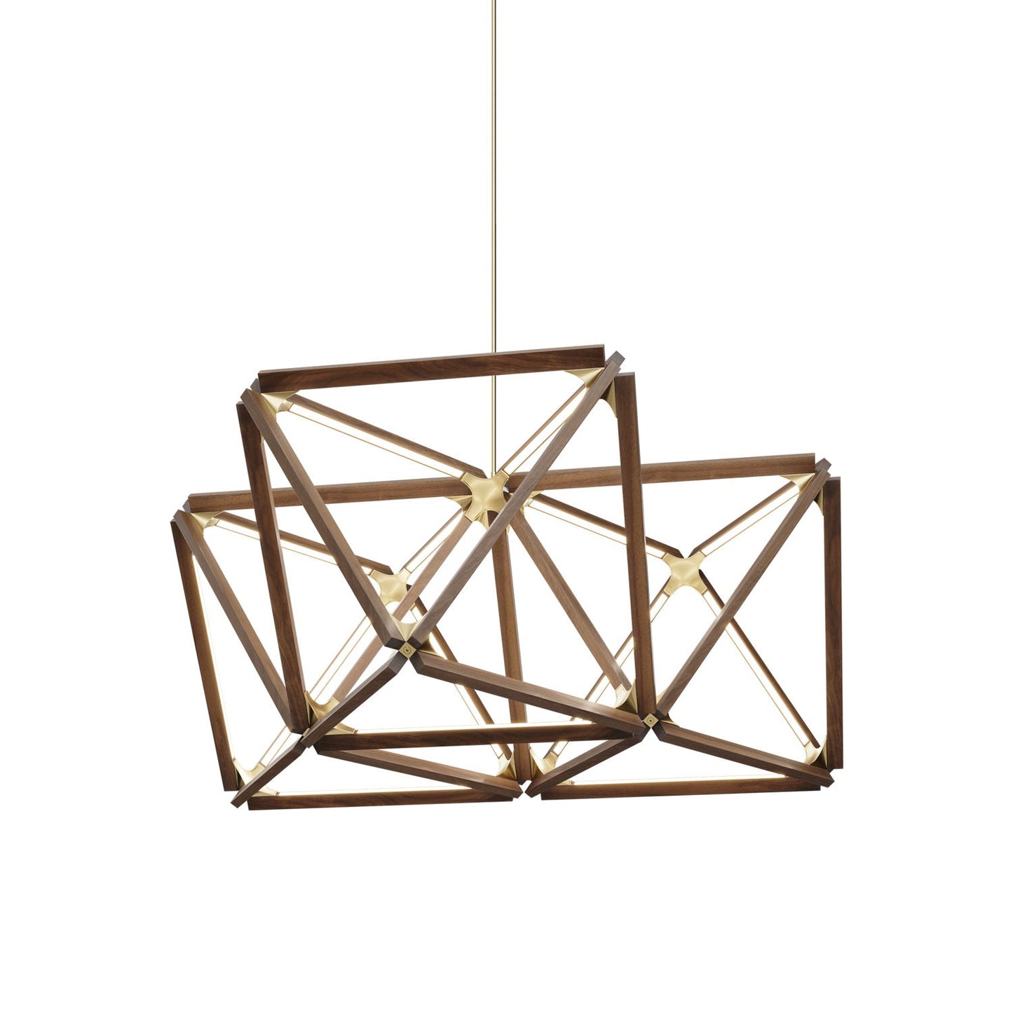 Triple X LED Chandelier in American Walnut/Brushed Brass.