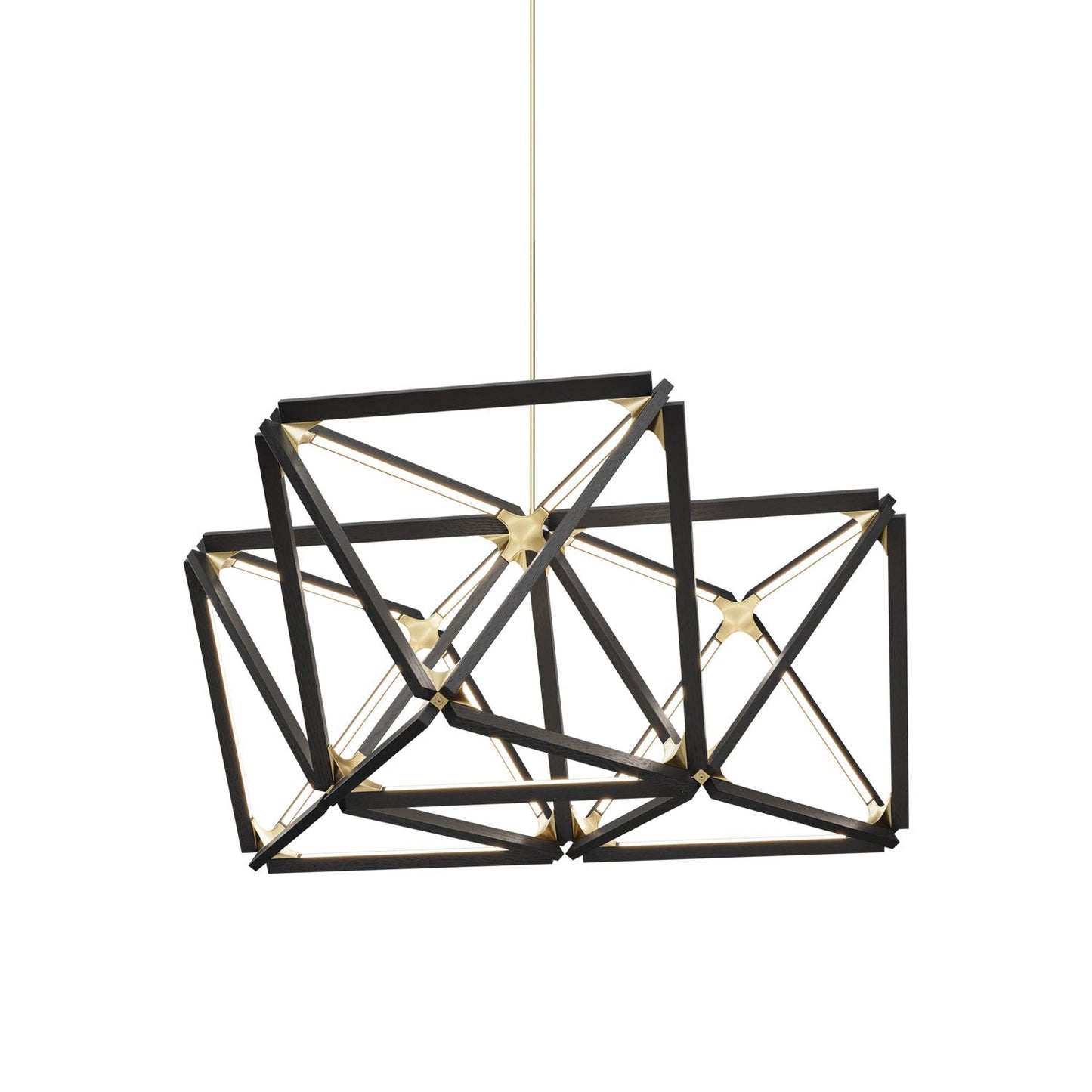 Triple X LED Chandelier in Ebonized Oak/Brushed Brass.