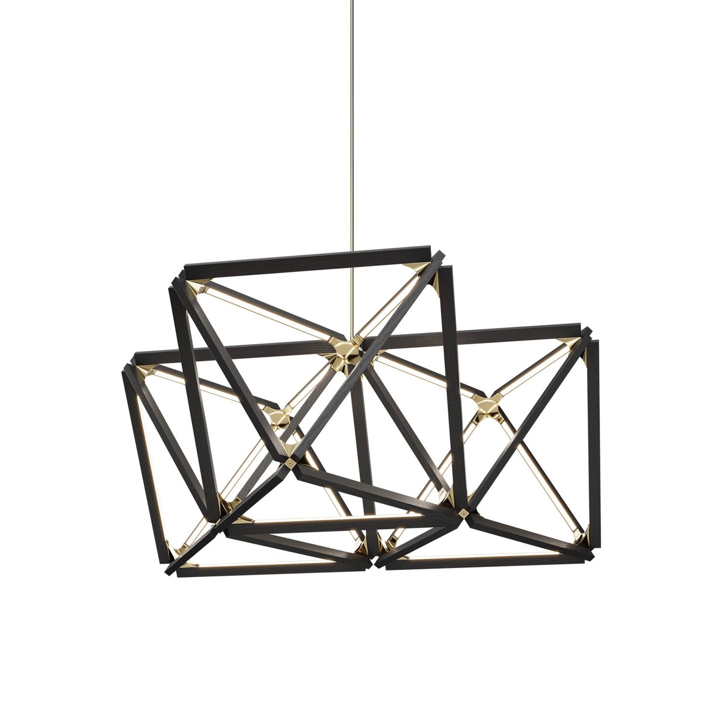 Triple X LED Chandelier in Ebonized Oak/Polished Brass.
