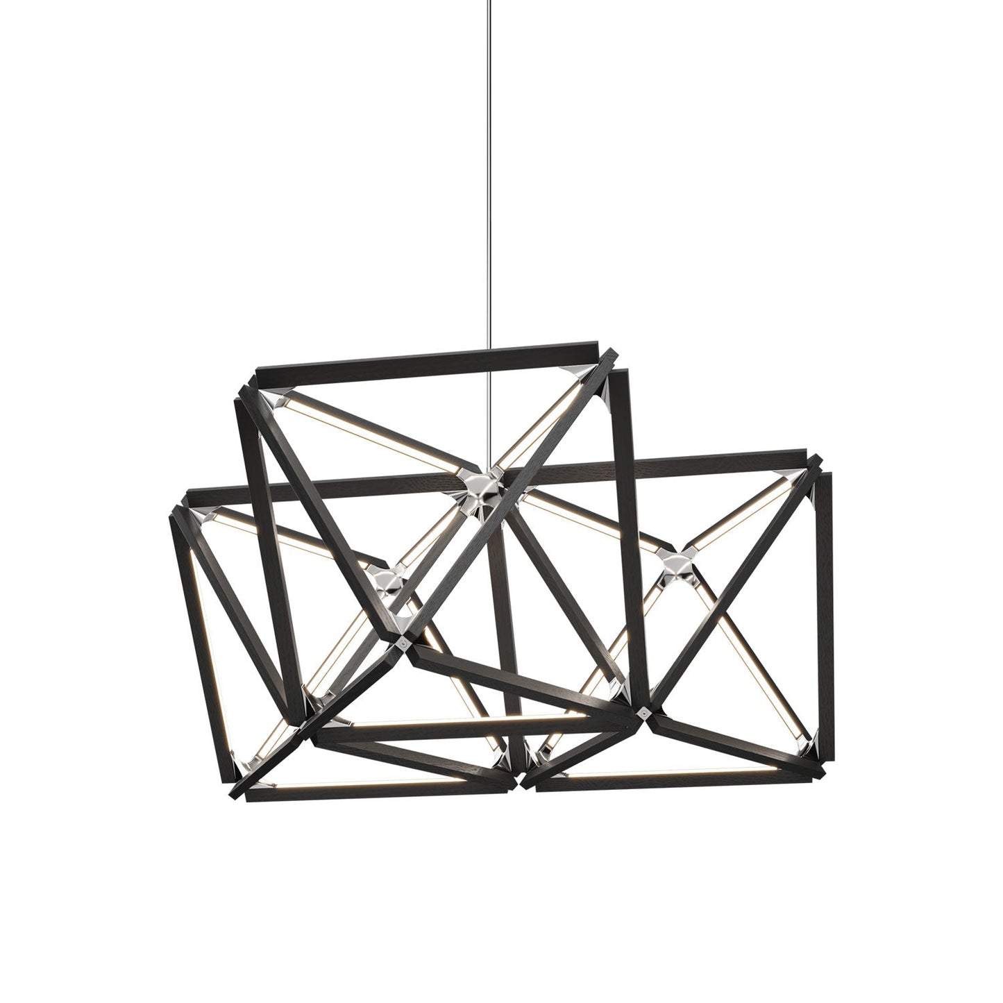 Triple X LED Chandelier in Ebonized Oak/Polished Nickel.