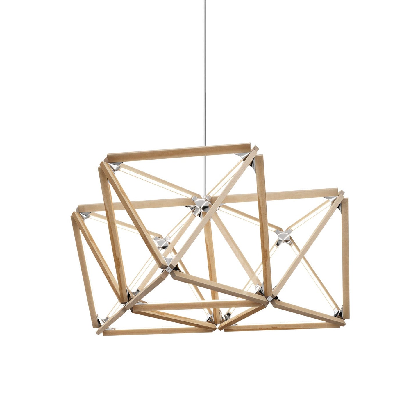 Triple X LED Chandelier in Maple/Polished Nickel.