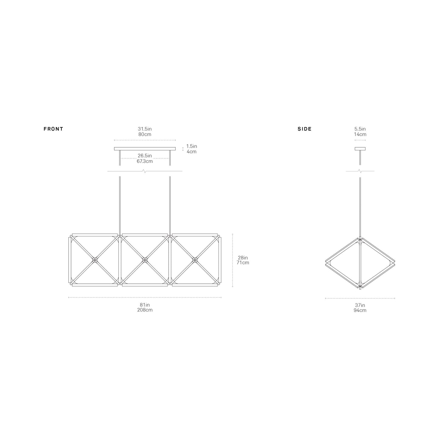 Truss Linear LED Chandelier - line drawing.