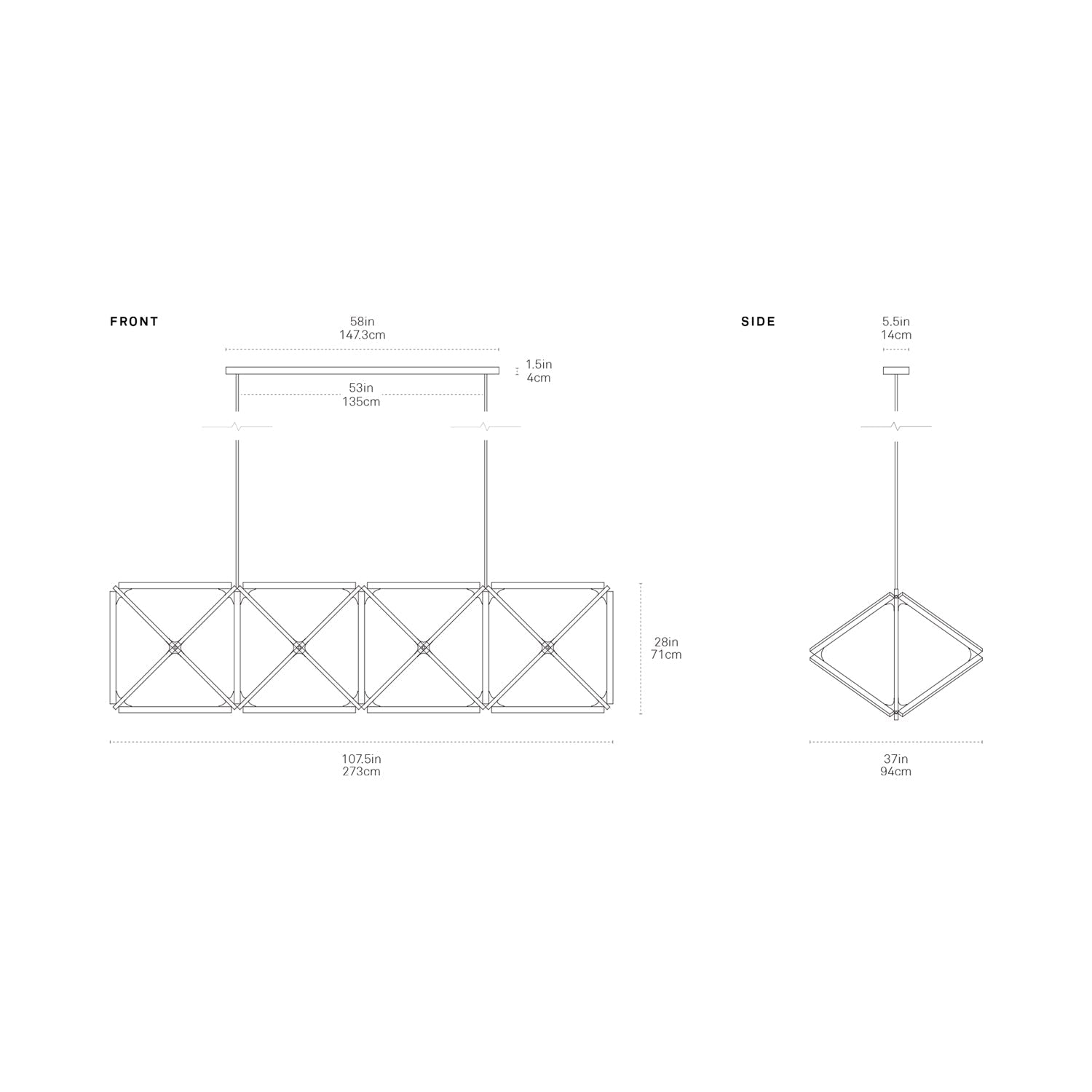 Truss Linear LED Chandelier - line drawing.