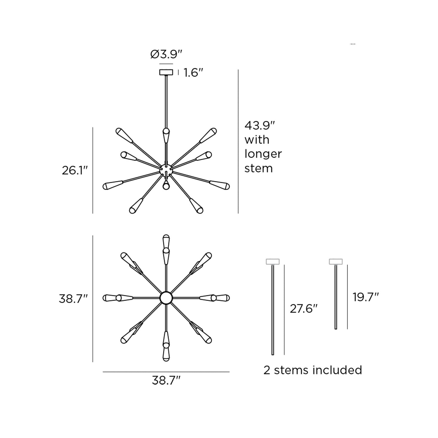 Sputnik Suspension Chandelier - line drawing.