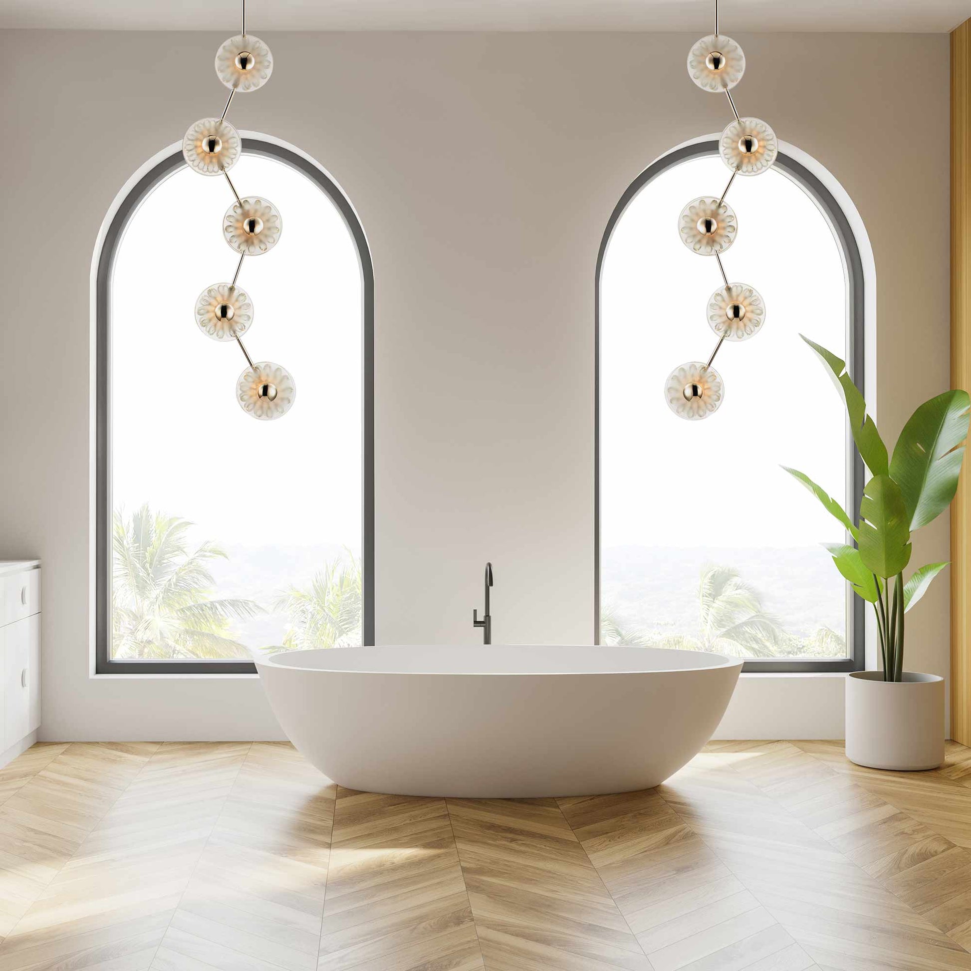 Peony LED Linear Pendant Light in bathroom.