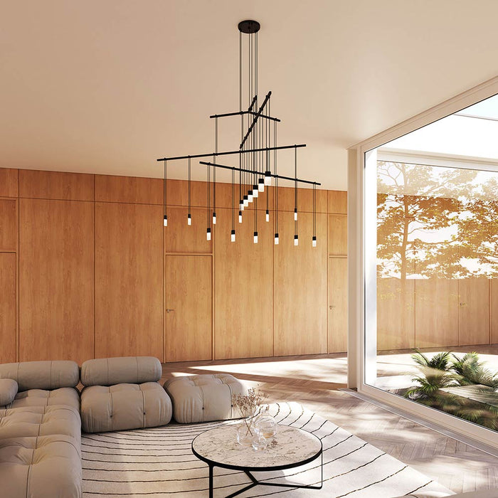Suspenders® 4-Tier Tri-Bar LED Pendant Light in living room.