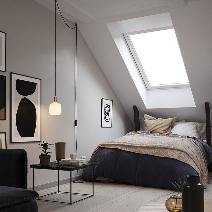 Oblo Plug-In Pendant Light in bedroom.