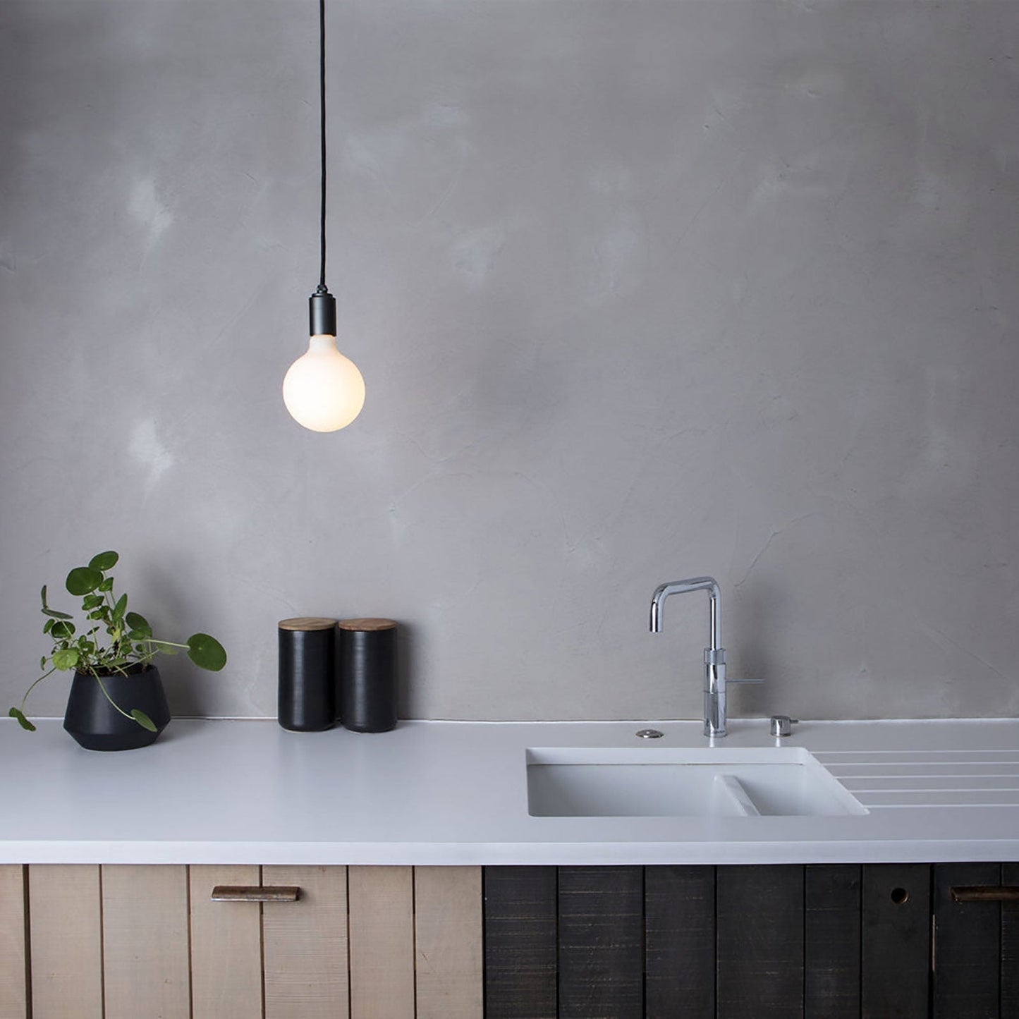 Porcelain III Medium Base G40 Type LED Bulb in Kitchen.