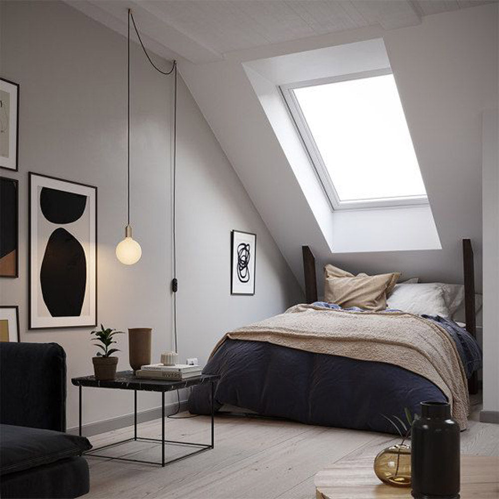 Porcelain III Pendant Light in bedroom.