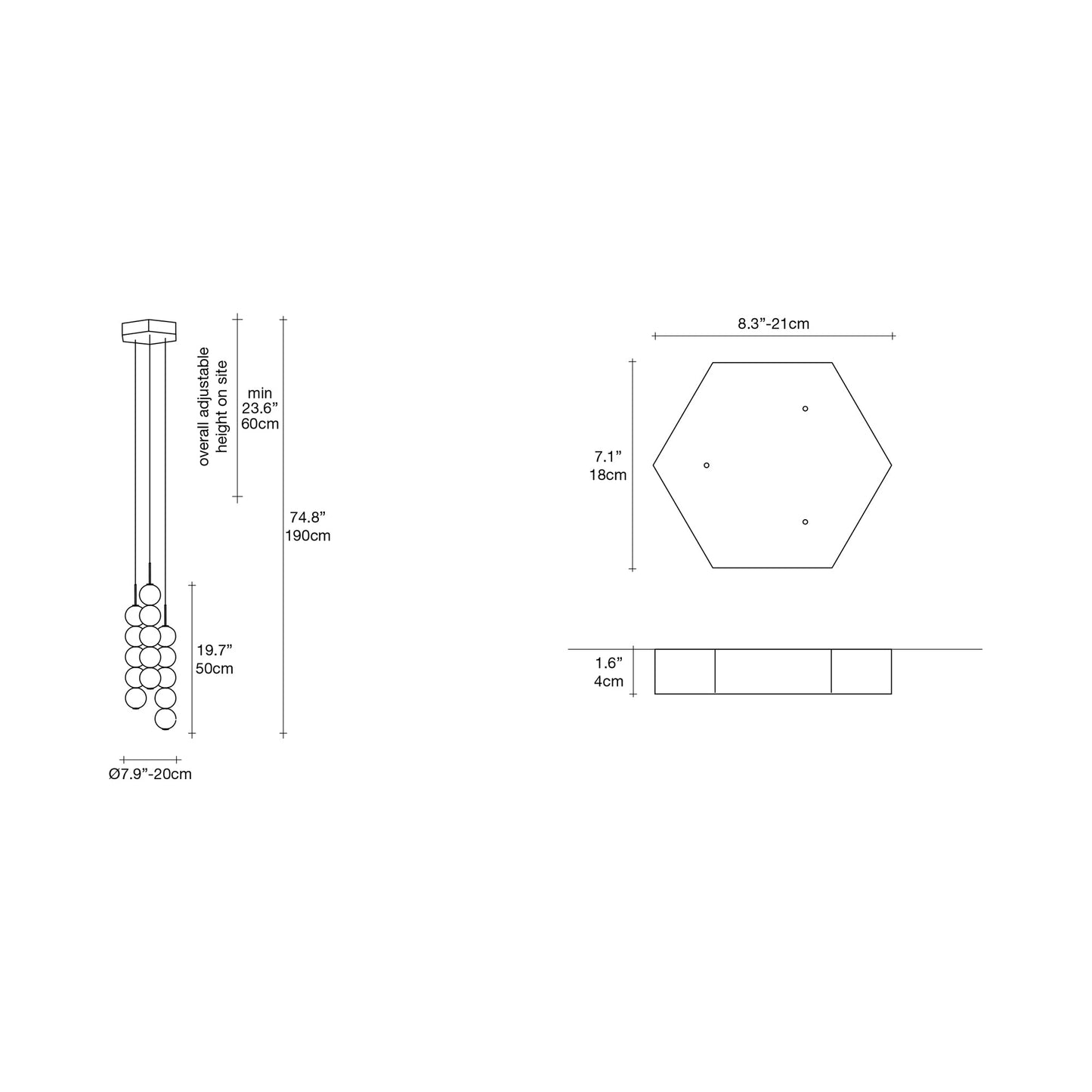 Abacus Round Multi Light LED Pendant Light - line drawing.