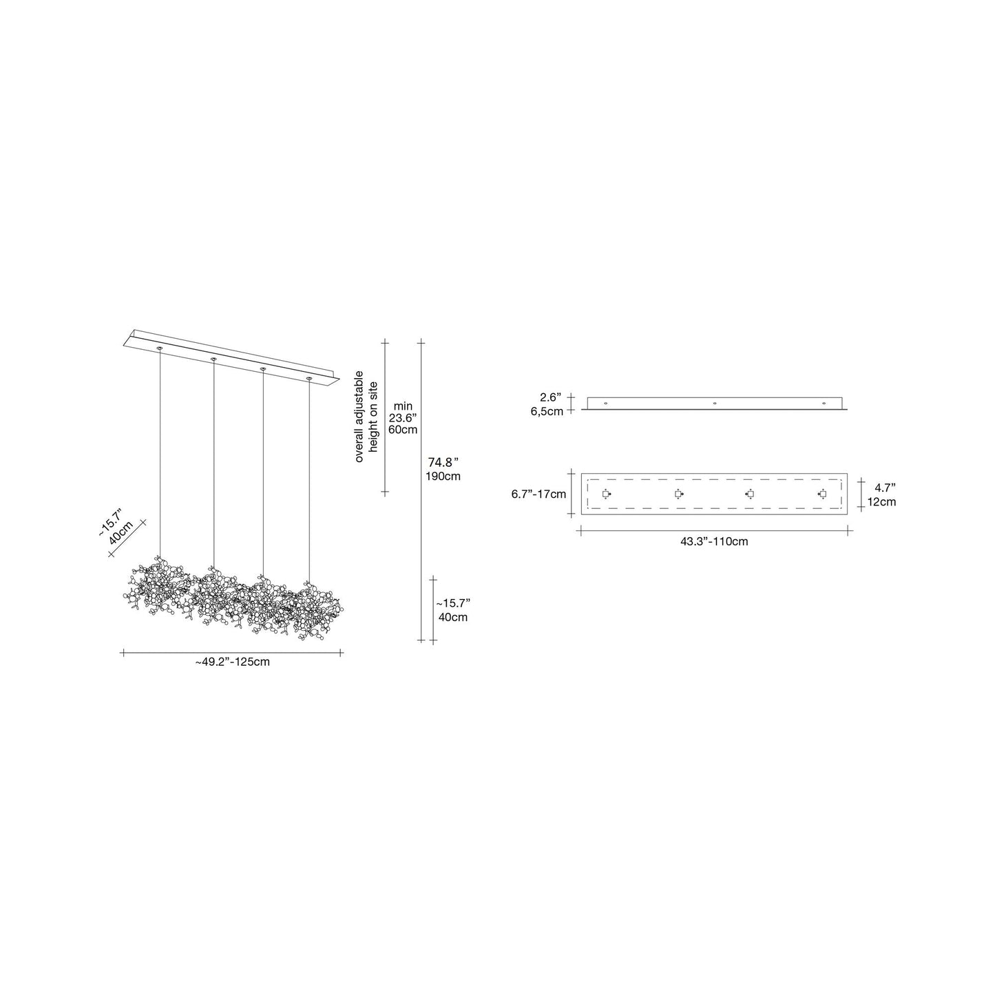 Argent Linear Multi Light Pendant Light - line drawing.