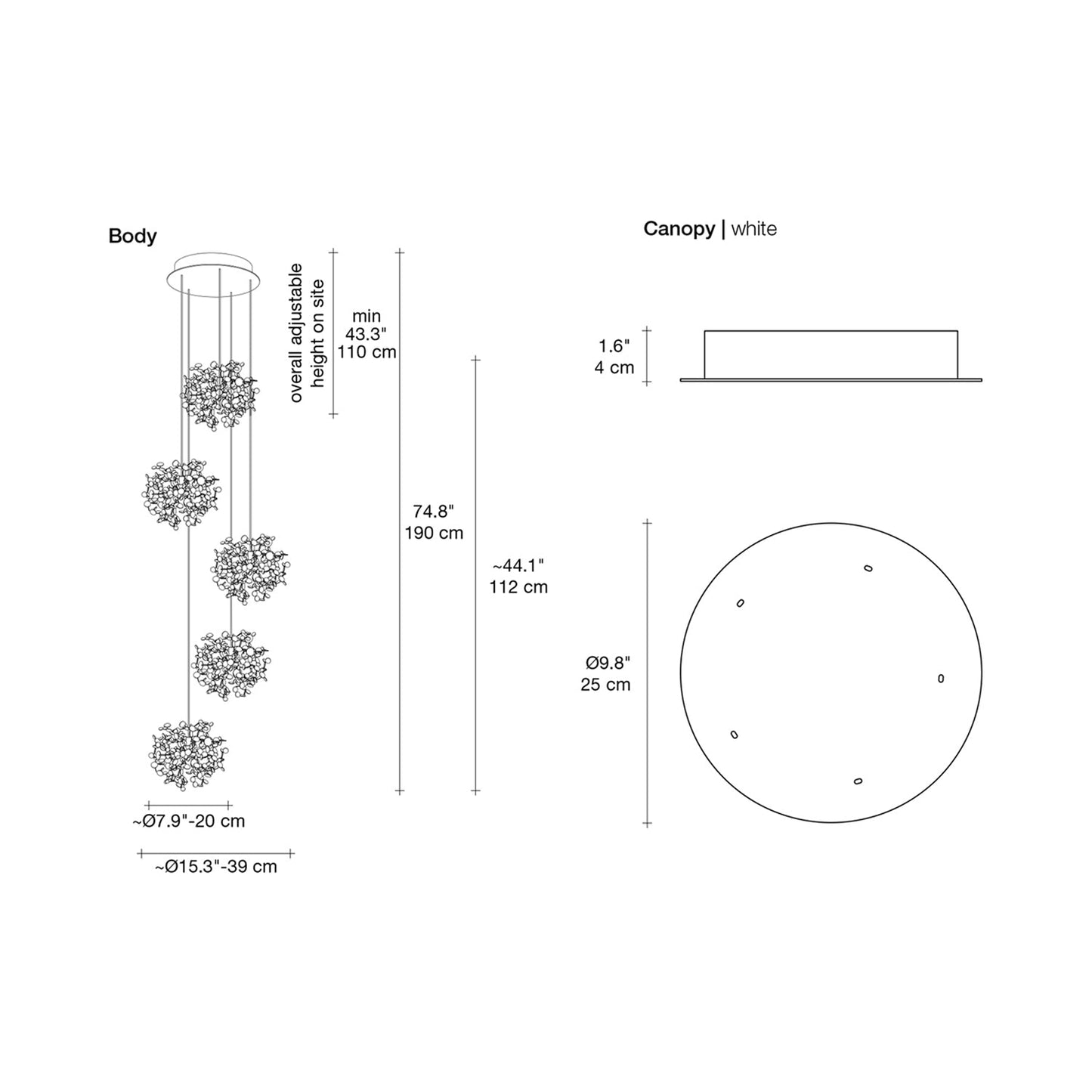 Argent Mon Bijou Multi Light LED Pendant Light - line drawing.