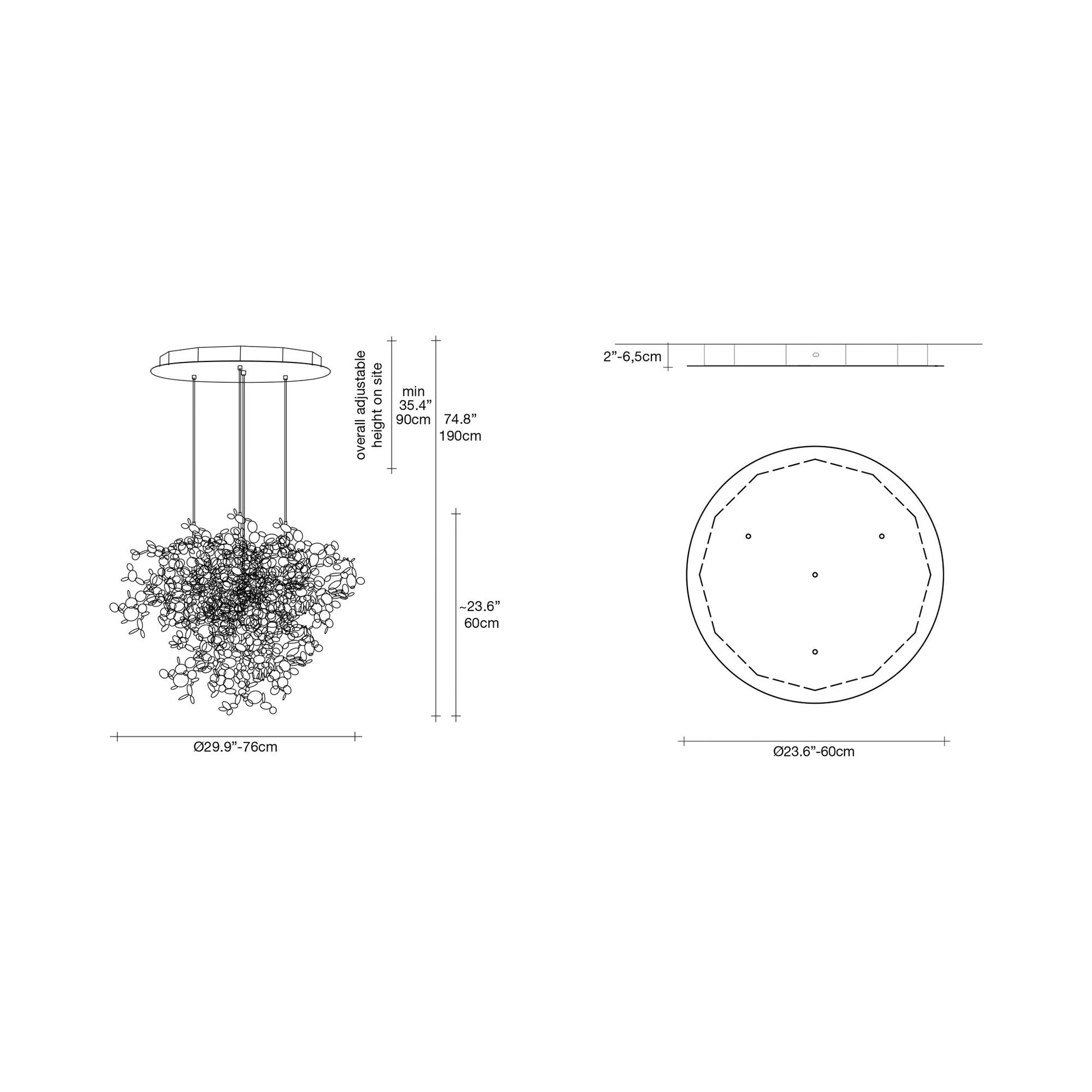 Argent Round Multi Light Pendant Light - line drawing.
