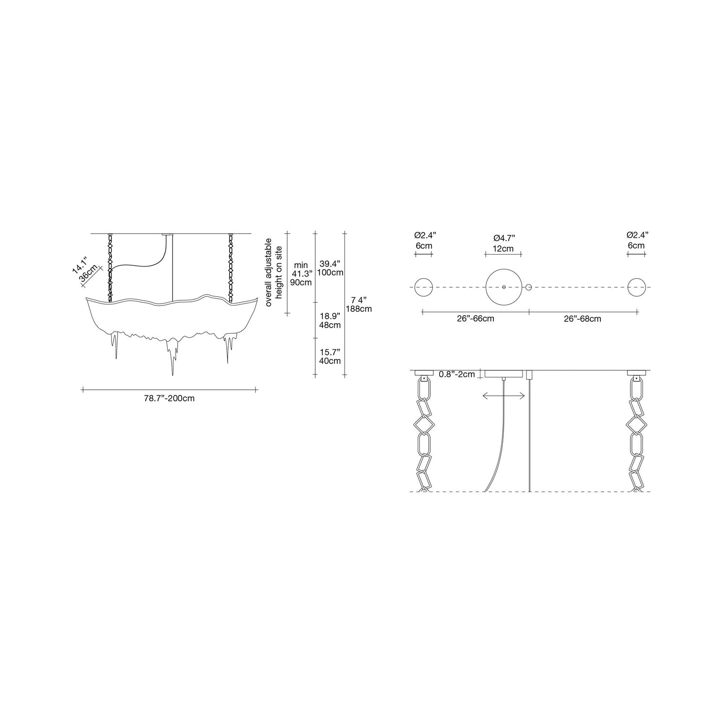 Atlantis Linear Chandelier - line drawing.