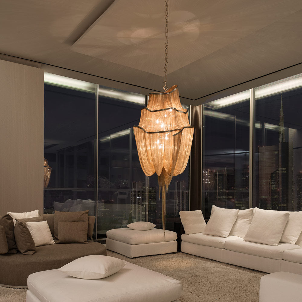 Atlantis Three-Tier Chandelier in living room.