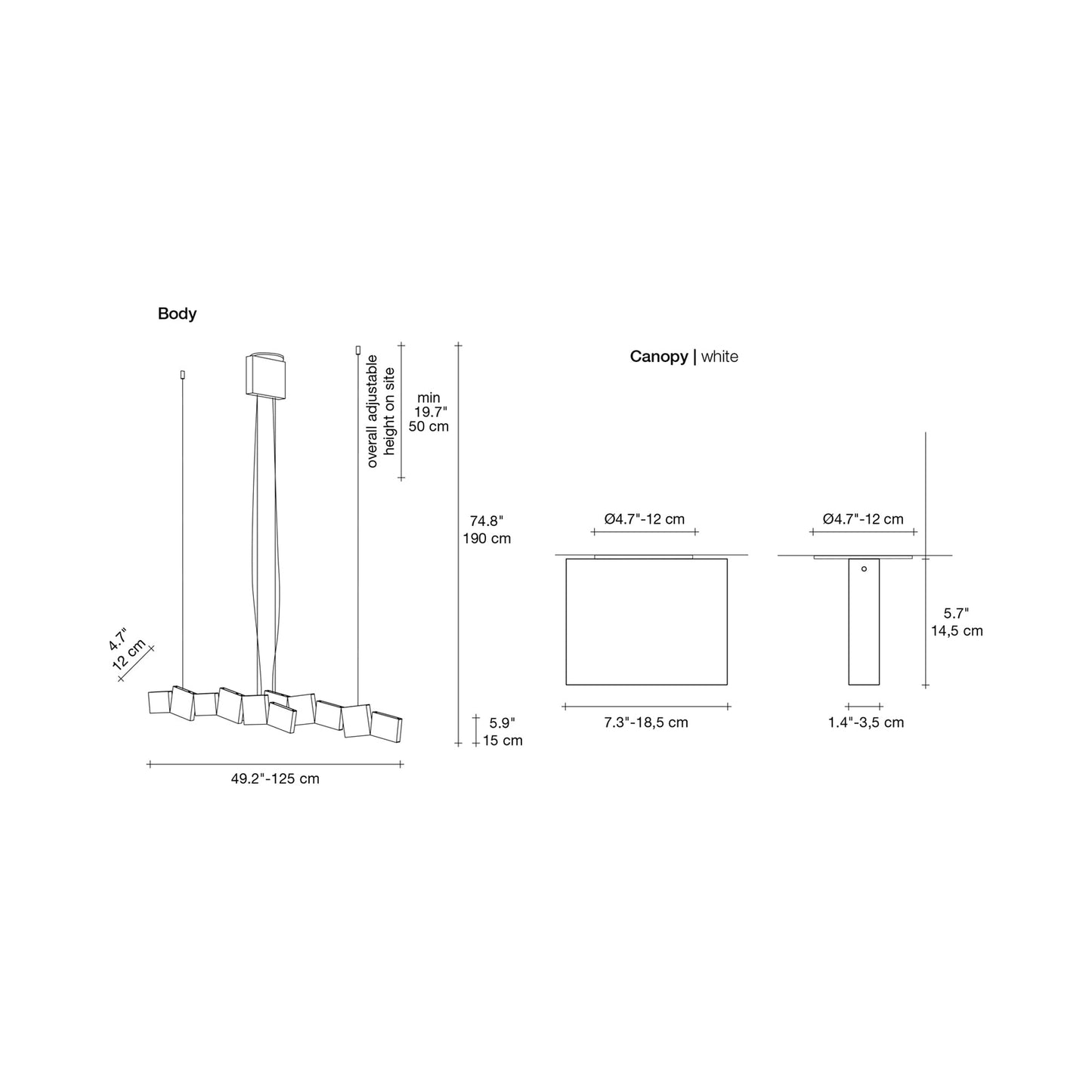 Gaia Double Linear LED Chandelier - line drawing.