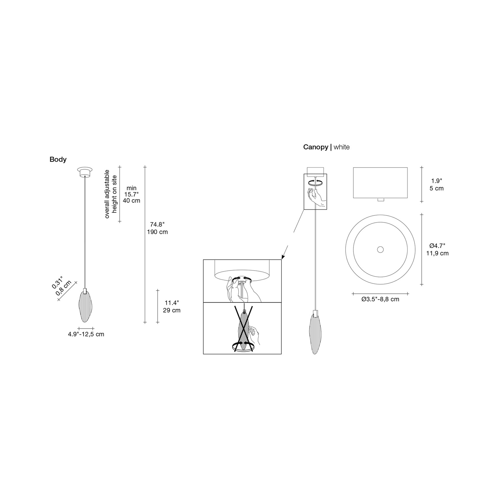 Harpe Single LED Pendant Light - line drawing.