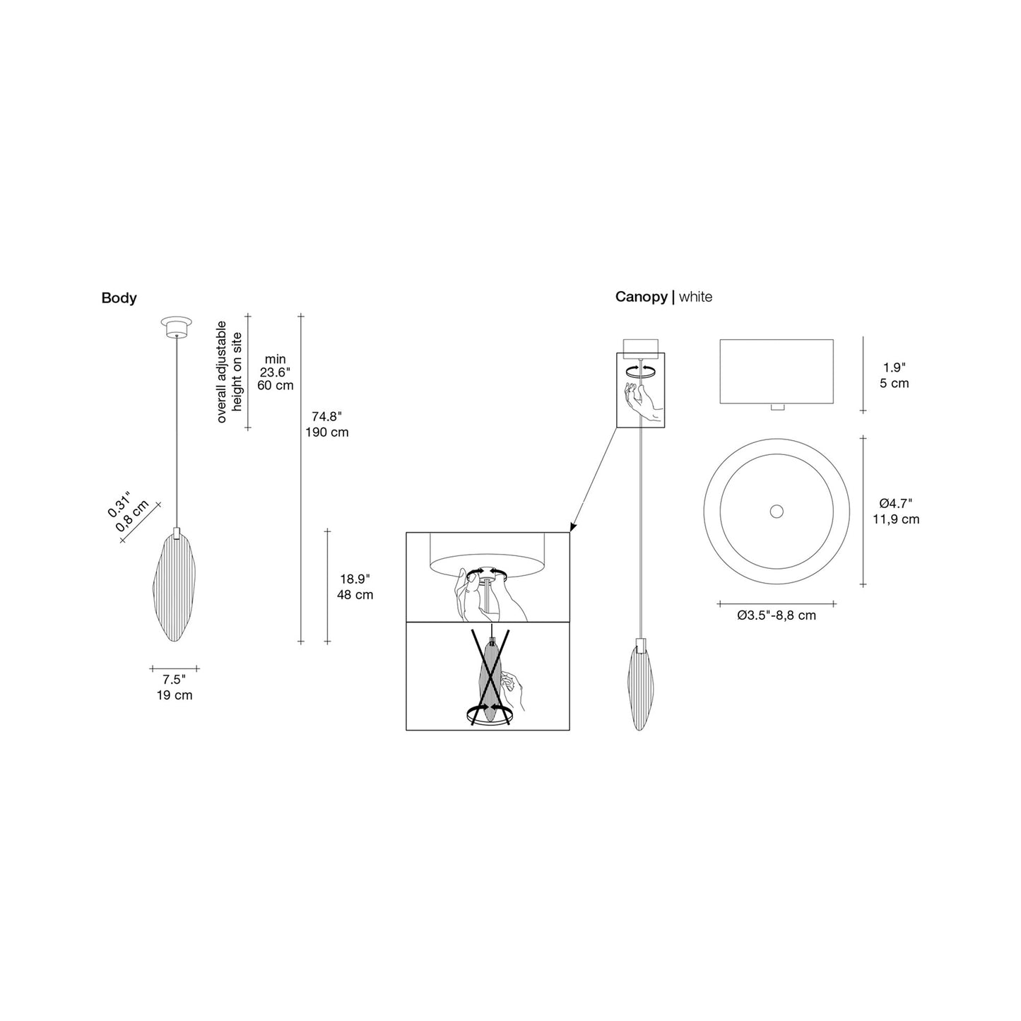 Harpe Single LED Pendant Light - line drawing.