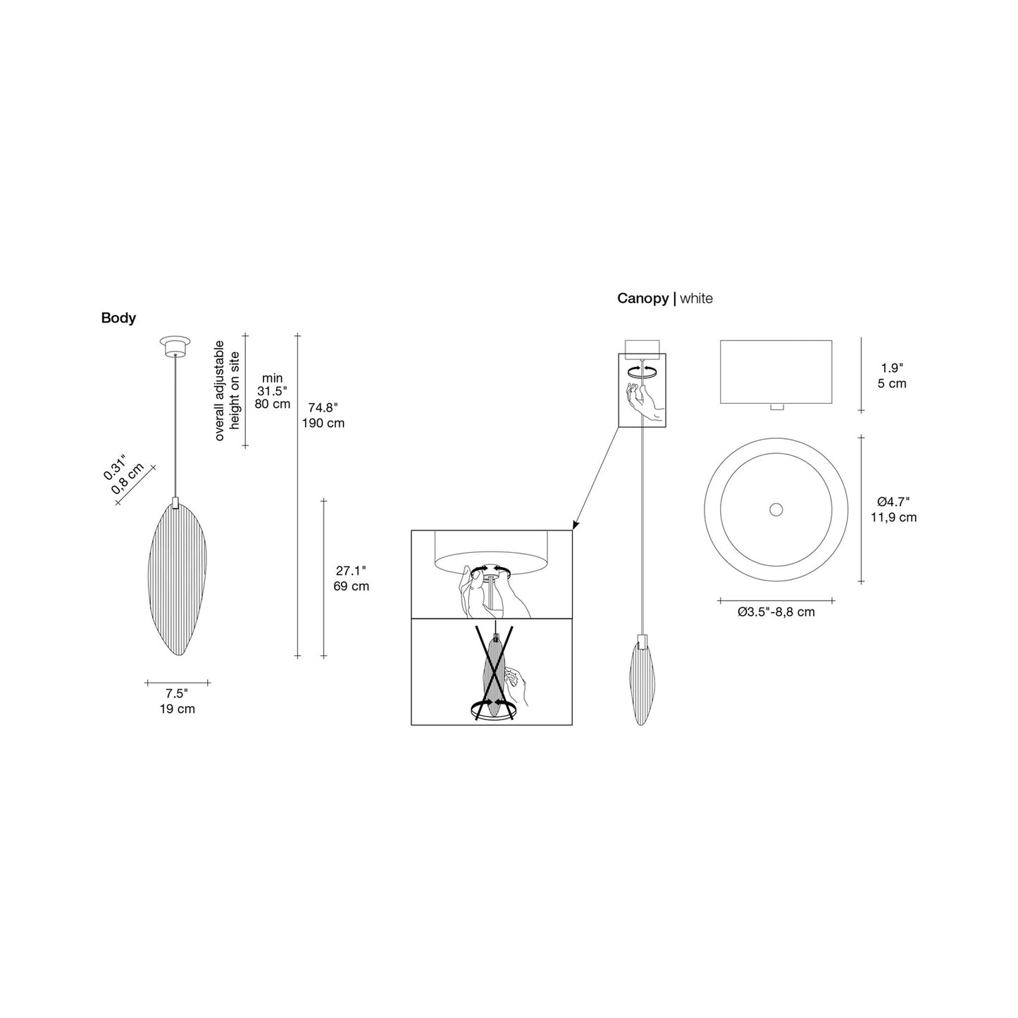 Harpe Single LED Pendant Light - line drawing.
