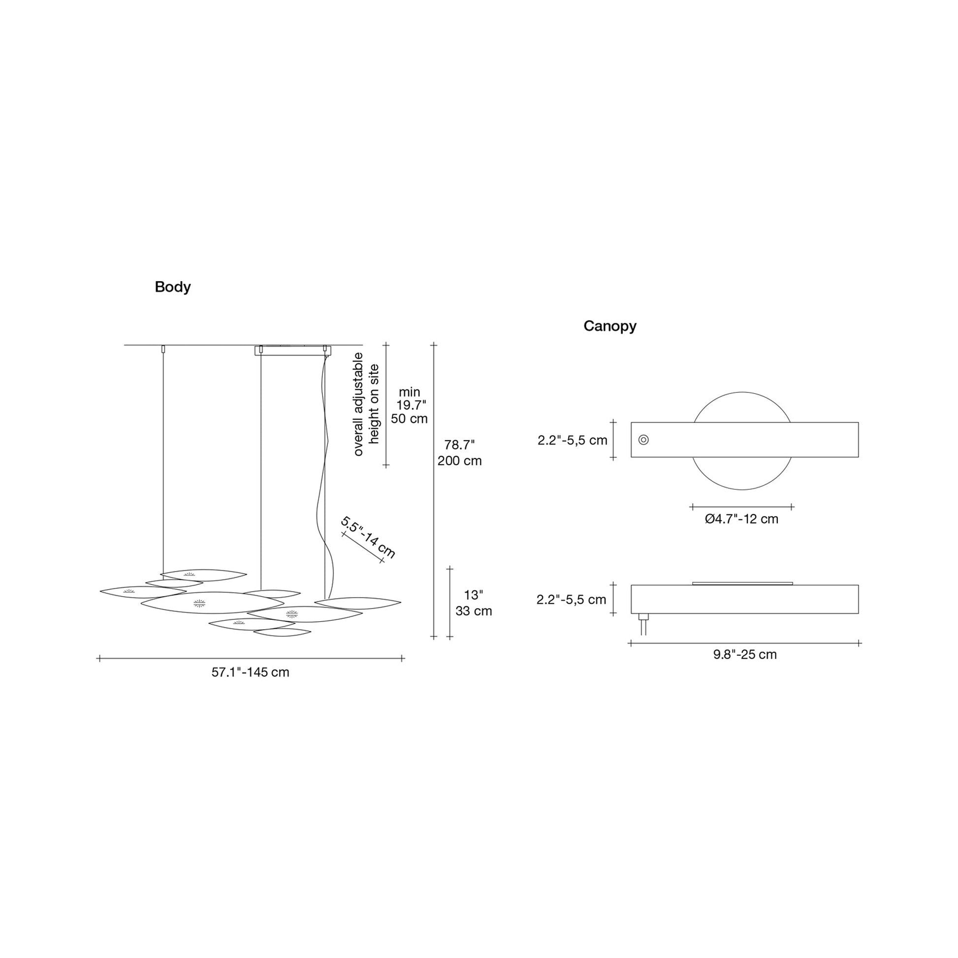 I Lucci Argentati Linear LED Chandelier - line drawing.
