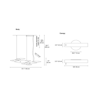 I Lucci Argentati Linear LED Chandelier - line drawing.