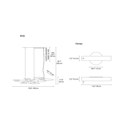 I Lucci Argentati Linear LED Chandelier - line drawing.